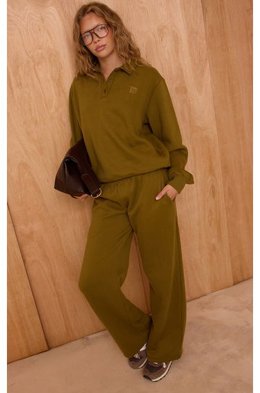 Olive Cotton Fleece Straight Leg Sweatpants