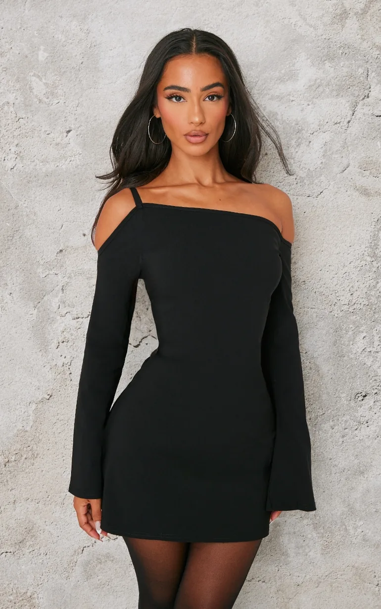 petite black shift dress Shop Petite Black Asymmetric One Shoulder Flared Sleeve Shift Dress Online  in Oman