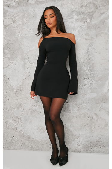 Petite Black Asymmetric One Shoulder Flared Sleeve Shift Dress