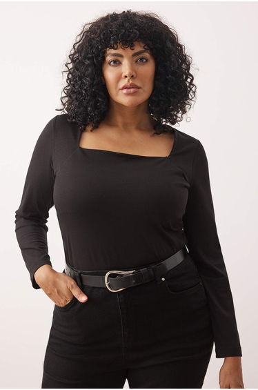 Black Square Neck Gathered/Drape Detailed Slim/Fits Body Knitted Plus Size