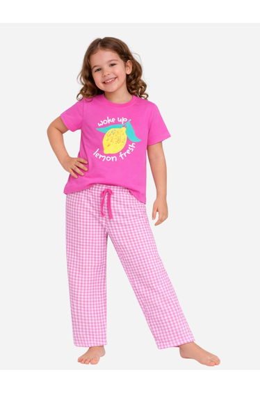 Girls Lemon Graphic T-Shirt and Gingham Pyjama Set