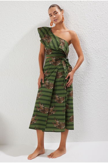Leopard Patterned Flounce One Shoulder 100% Cotton Blouse Skirt Beach Set