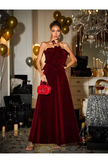 Cairn Strapless Flower Velvet Maxi Dress