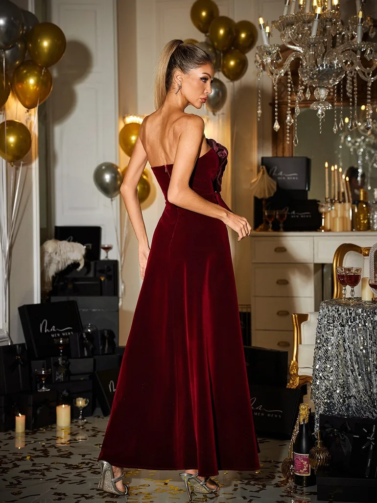 Cairn Strapless Flower Velvet Maxi Dress - 1