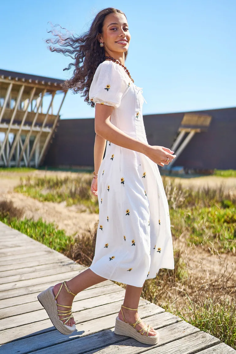 Yumi White Cotton Sunflower Embroidered Midi Dress - 7