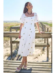 Yumi White Cotton Sunflower Embroidered Midi Dress
