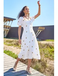 Yumi White Cotton Sunflower Embroidered Midi Dress - 1