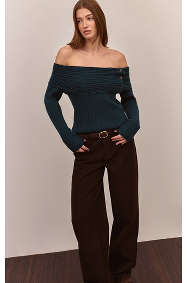 Teal Button Detail Ribbed Knit Bardot Jumper