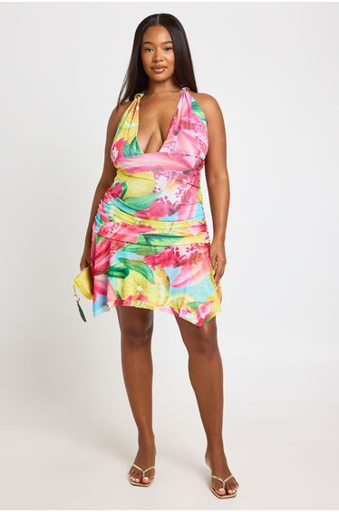 Plus Halter Neck Floral Print Mini Dress - multi
