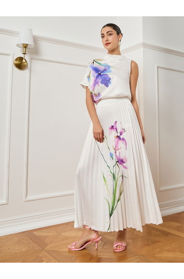 Women Off-White Floral Print Pleated Midi Skirt