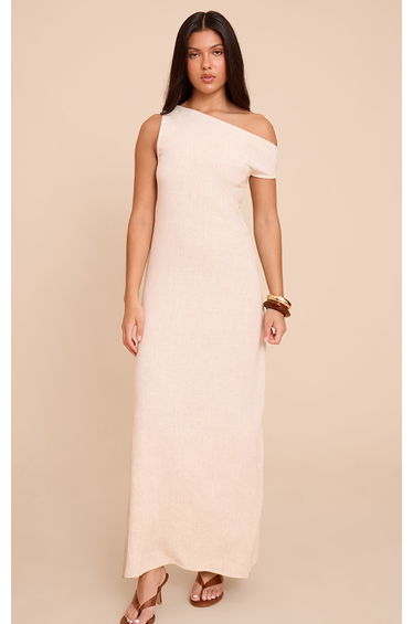 Natural Textured Woven Asymmetric One Shoulder Maxi Dress