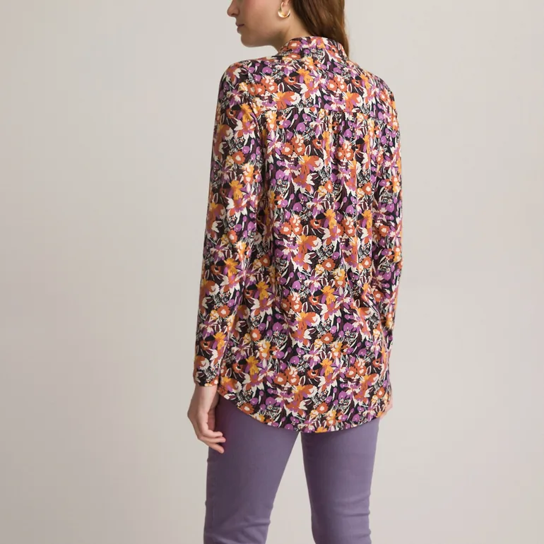 Printed Cotton Mix Tunic with Grandad Collar and Long Sleeves - 3
