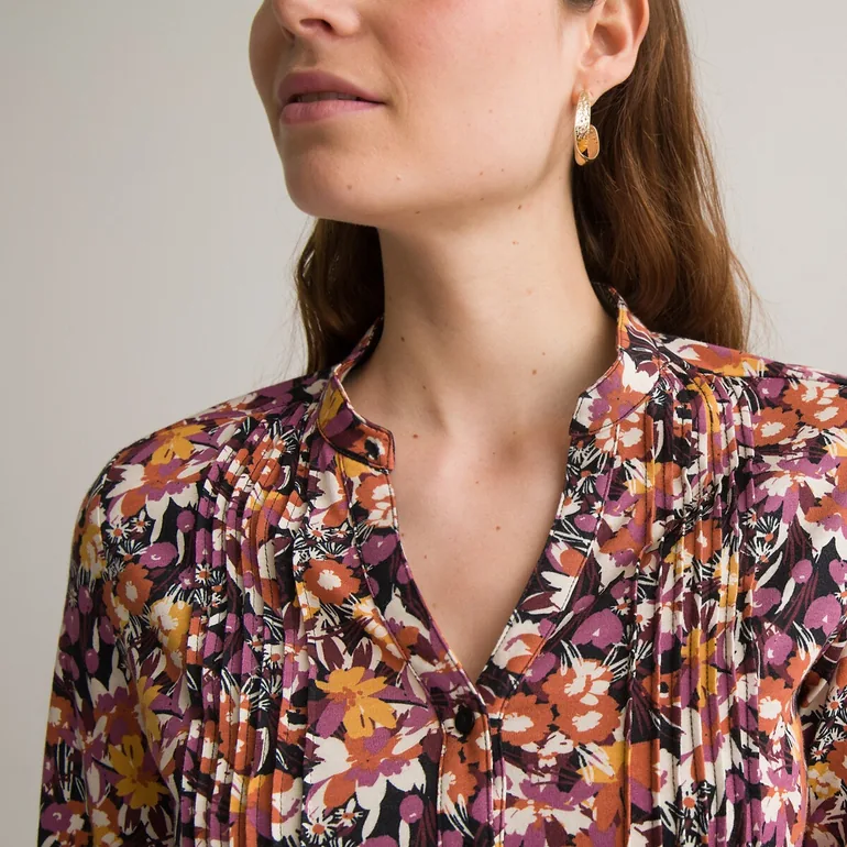 Printed Cotton Mix Tunic with Grandad Collar and Long Sleeves - 2