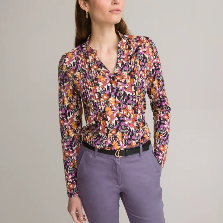 Printed Cotton Mix Tunic with Grandad Collar and Long Sleeves - 4