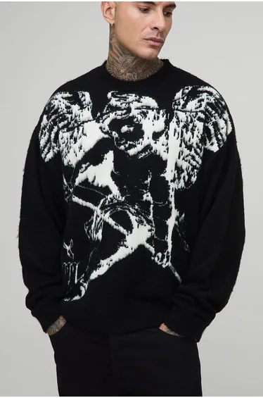 سترة بوهو مان أسود محبوك بأكمام طويلة - للمقاسات الطويلة