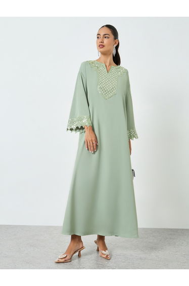 Green Embroidered Lace Detail A-Line Jalabiya