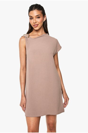 Asymmetric Gold Trim Mini Dress - mocha