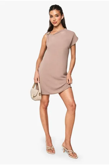 فستان قصير بحواف ذهبية - بني