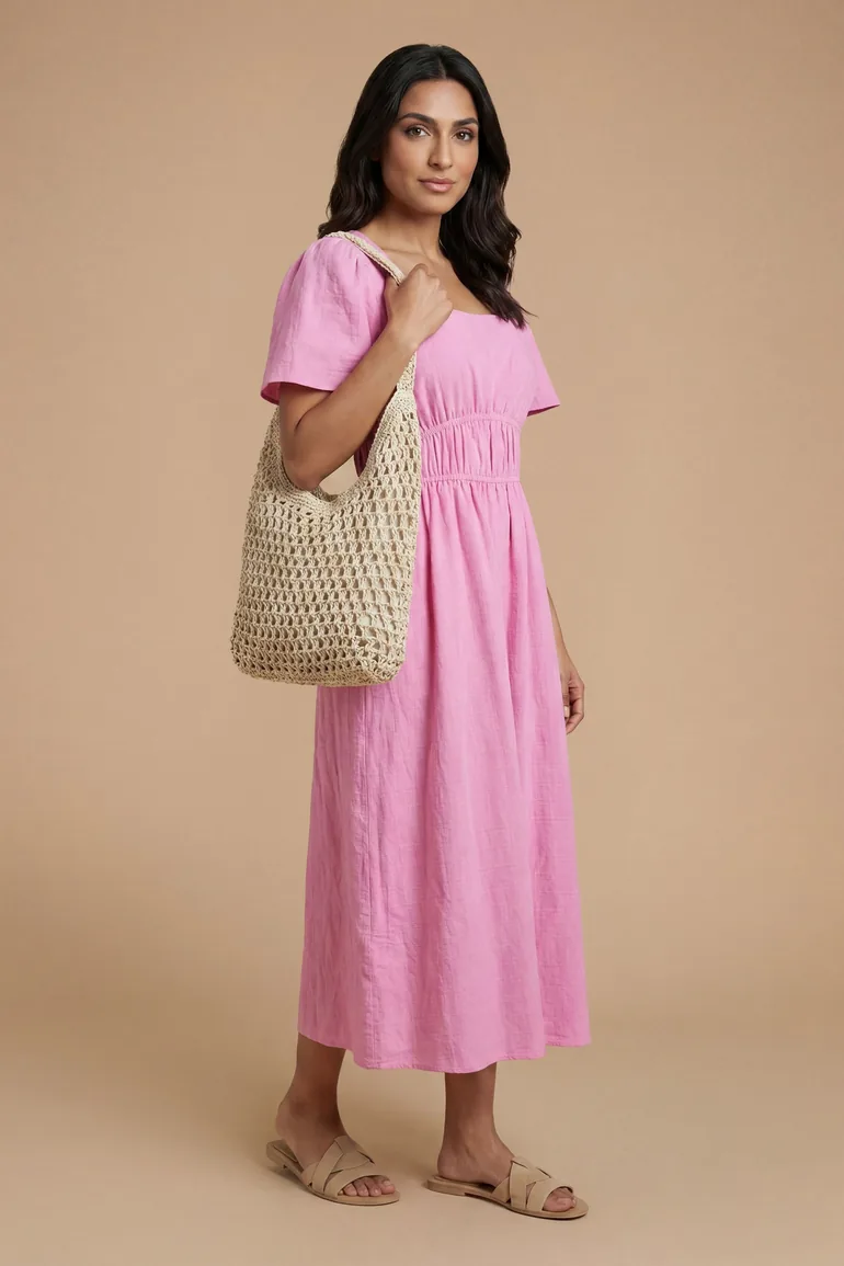 Angel Sleeve Elasticated Waist Dobby Cotton Midi Dress