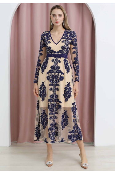 V-Neck Floral Embroidered Mesh Maxi Dress in Navy