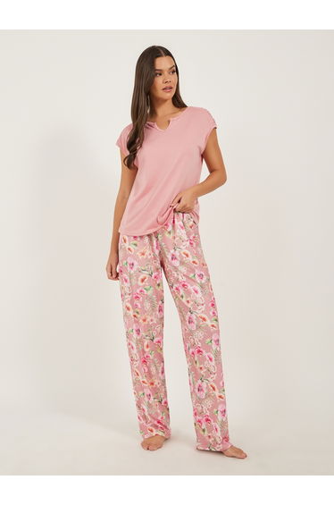 Solid Short Sleeve Pink Floral Printed Pajama Set
