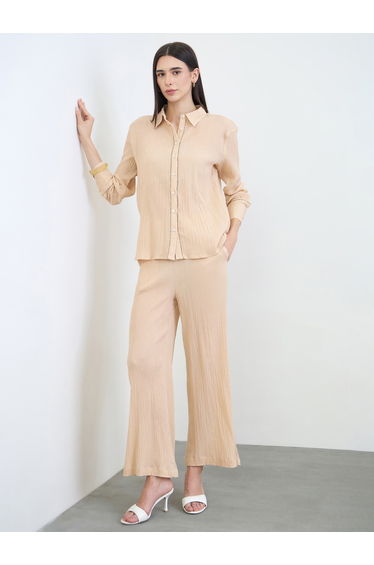 Beige Textured Cotton Shirt and Pants Co-Ord Set