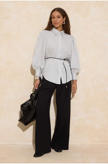 Oversized Wide Fit Woven Shirt with White Glitter Stripes and Belt Detail