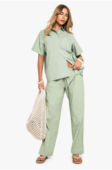 Cotton Poplin Wide Leg Trousers - sage
