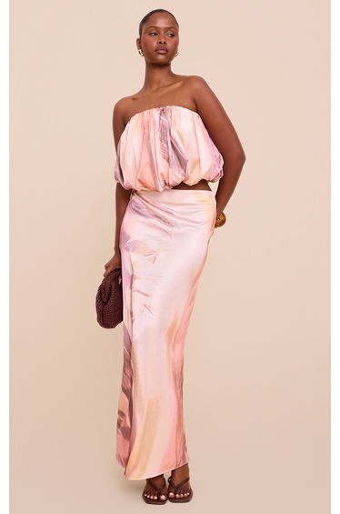 Multi Abstract Print Satin Mid Rise Maxi Skirt