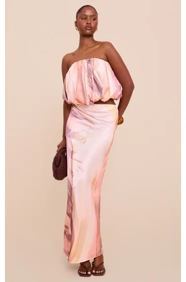 Multi Abstract Print Satin Mid Rise Maxi Skirt