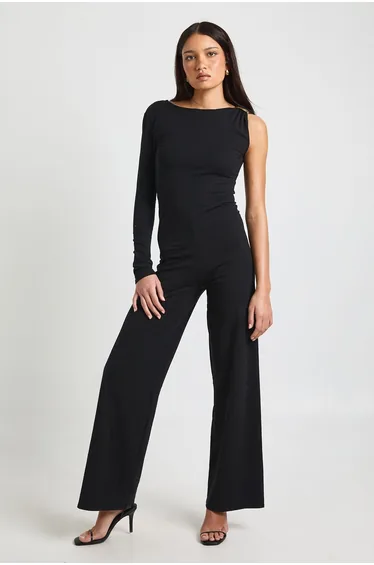 Asymmetric Gold Trim Wide Leg Jumpsuit - black