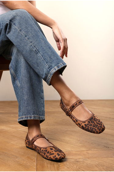 Karsyn Wide Fit Mary Jane Ballet Flats With Buckle Detail In Leopard Suede