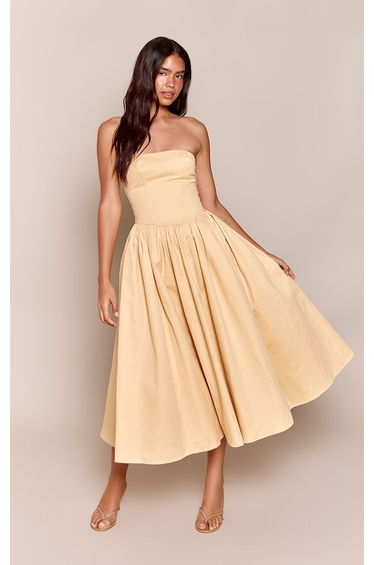 Lemon Woven Bandeau Ruched Skater Midaxi Dress