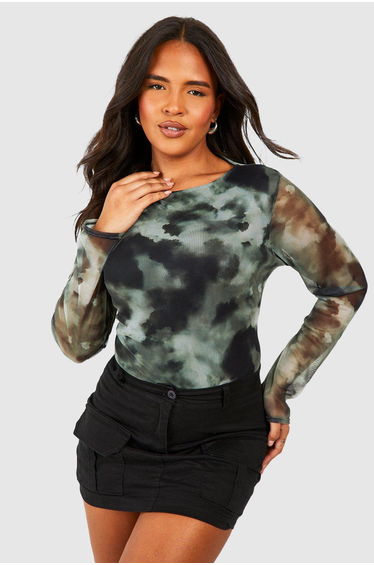 Plus Abstract Mesh Long Sleeve Top
