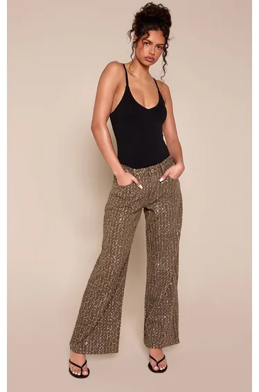 Khaki Sequin Low Rise Wide Leg Jeans