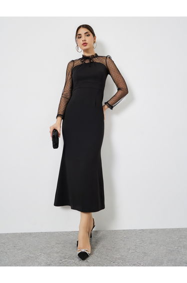 Black Mesh Sleeve Mermaid Hem Dress