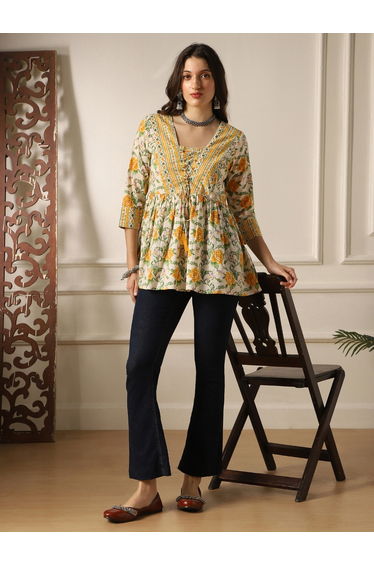 V Neck Floral Print Tie-Up Tassel Detail Gathered Tunic