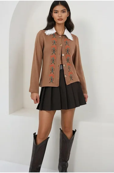 Women's Brown Lace Shirt Collar Embroidered Knitwear Cardigan
