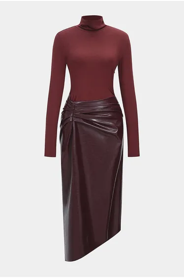 Faux Leather Patchwork Mock Neck Ruched Long Sleeve Maxi Dress