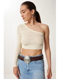 Women's Cream One Shoulder Openwork Flexible Knitted Blouse - 2