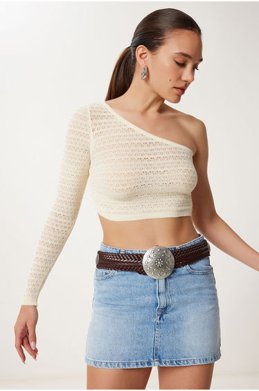 Women's Cream One Shoulder Openwork Flexible Knitted Blouse