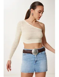 Women's Cream One Shoulder Openwork Flexible Knitted Blouse
