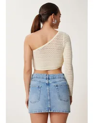 Women's Cream One Shoulder Openwork Flexible Knitted Blouse - 4