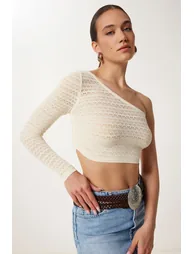 Women's Cream One Shoulder Openwork Flexible Knitted Blouse - 1