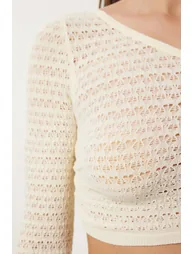 Women's Cream One Shoulder Openwork Flexible Knitted Blouse - 3
