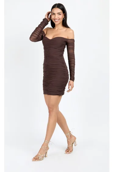 Chocolate Brown Mesh Ruched Bardot Mini Dress by Chloe Lewis