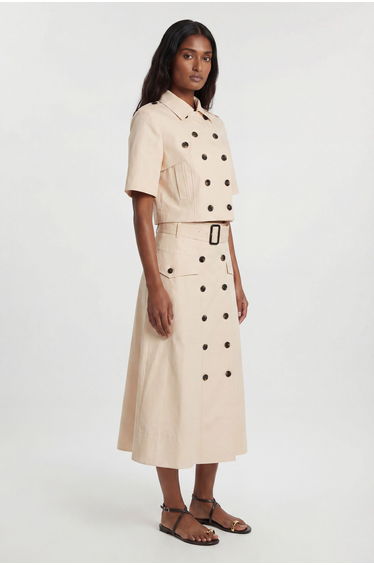Tailored Cotton Trench Button Front Pleated Skirt