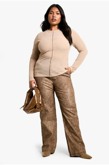 Plus High Waisted Washed Pu Straight Leg Trouser