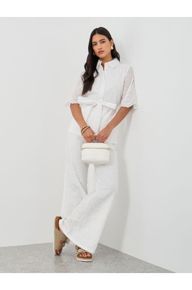 Schiffli Belted Shirt and Flared Pants Co-Ords