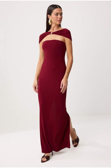 Burgundy Plain Woven Sandy Maxi Evening Dress & Graduation Dress